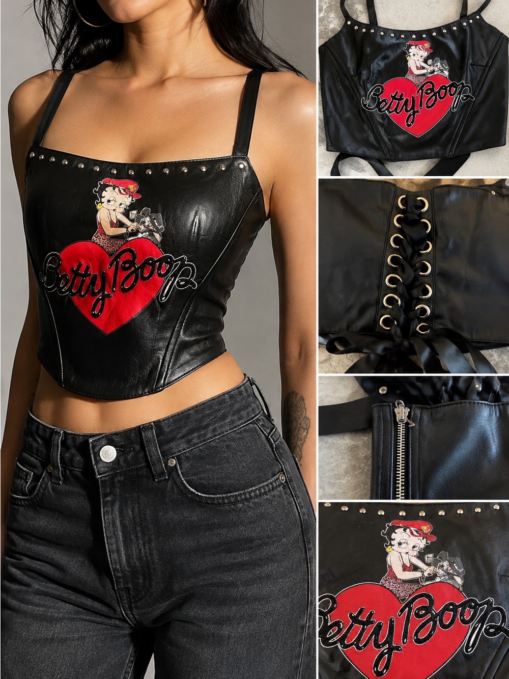 Betty Boop Black Faux Leather Studded Heart Corset Crop Top with Red Heart